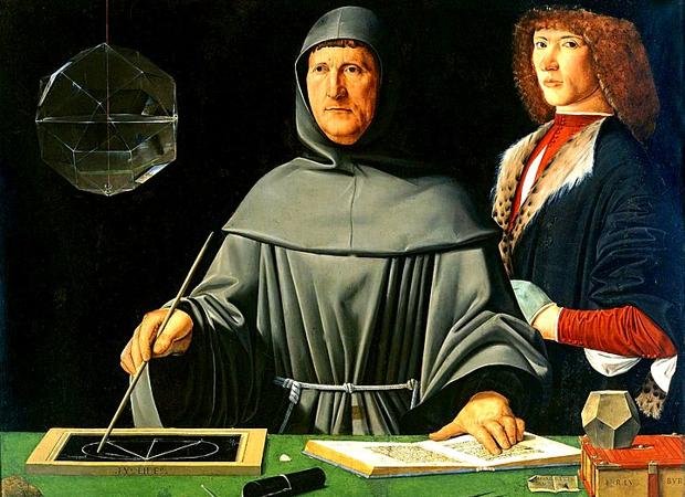 Luca Pacioli vestido de franciscano, rodeado de elementos matemáticos y trabajando. La persona representada al fondo es su pupilo, seguramente Durero - Autor desconocido / Wikicommons